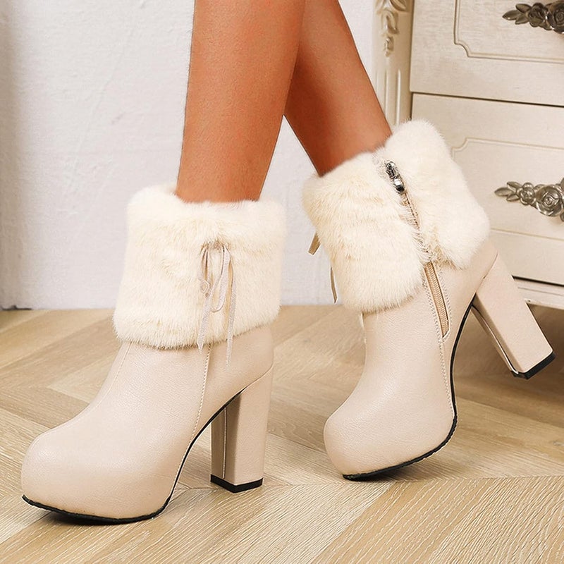 woobles Winter Boot for Women,Women Round Toe Platform Booties Ladies Cute Chunky High Heel Snow Ankle Boot Wedge Zipper Slip On Boot Causal Walking Dress Shoe, Beige - Image 4